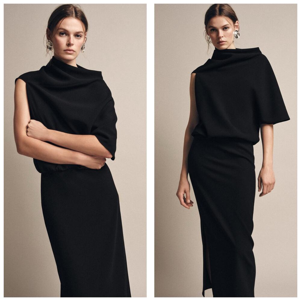 Zara ZW COLLECTION Asymmetric Sleeve Draped Black Midi Dress Medium 9078/199